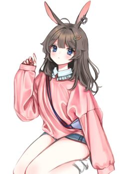 1girl ahoge animal_ears arm_at_side blue_eyes blush brown_hair closed_mouth commentary double-parted_bangs earrings english_commentary full_body grey_skirt hair_intakes hand_up heart heart_earrings highres jewelry loltinami long_hair long_sleeves looking_at_viewer miniskirt pink_sweater rabbit_ears rabbit_girl seiza self-portrait simple_background sitting skirt sleeves_past_fingers sleeves_past_wrists solo sweater tinami_(vtuber) vdonburi virtual_youtuber white_background