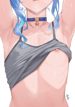 Rule 34 | 1girl, absurdres, armpits, arms up, artist name, blue choker, blue hair, choker, clothes lift, collarbone, commentary, diptip, english commentary, flat chest, grey tank top, head out of frame, highres, hololive, hoshimachi suisei, linea alba, long hair, nipple slip, nipples, pendant choker, ribs, shirt lift, solo, star (symbol), star choker, star ornament, sweat, tank top, upper body, very sweaty, virtual youtuber