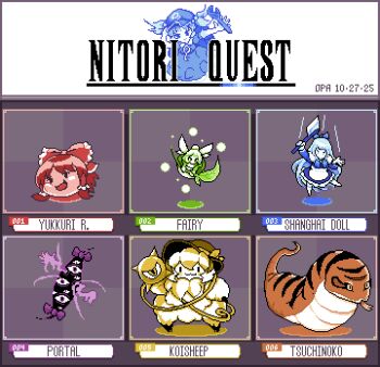 Rule 34 | 5girls, axe, bow, character name, chineseninja, commentary, dated, english commentary, fairy, final fantasy, frilled bow, frills, gap (touhou), hakurei reimu, highres, holding, holding axe, kawashiro nitori, komeiji koishi, multiple girls, multiple monochrome, parody, pixel art, shanghai doll, third eye, touhou, tsuchinoko, yakumo yukari, yukkuri shiteitte ne