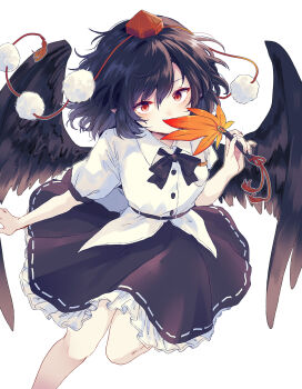 Rule 34 | 1girl, black bow, black bowtie, black hair, black skirt, black wings, bow, bowtie, collared shirt, covering own mouth, feathered wings, feet out of frame, hat, hauchiwa, highres, holding, leg up, looking at viewer, medium hair, medium skirt, pointy ears, pom pom (clothes), red eyes, red hat, shameimaru aya, shirt, simple background, skirt, solo, tokin hat, touhou, uranaishi (miraura), white background, white shirt, wings