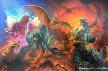 Rule 34 | alien, anguirus, bob eggleton, building, carapace, city, colored sclera, crystal, cyborg, destroy all monsters, destruction, dinosaur, electricity, energy, epic, explosion, fire, flying, gigan, godzilla (series), godzilla vs. gigan, godzilla vs. hedorah, godzilla vs. king ghidorah, godzilla vs. mechagodzilla ii, godzilla vs. spacegodzilla, hedorah, horns, kaiju, no humans, pink electricity, pteranodon, pterosaur, red eyes, red sclera, rodan, sea monster, skyscraper, smoke, space monster, spacegodzilla, spikes, tail, toho, tusks, water, wings, yellow eyes