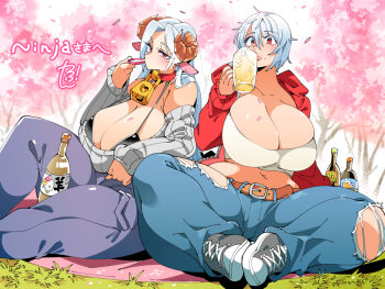 2girls alcohol animal_ears beer beer_glass black_bra bottle bra breasts cleavage cow_ears cow_girl cow_horns denim drinking feet_out_of_frame gradient_hair grass grey_sweater hanako_(debauncheryninja) horns huge_breasts jacket jeans kafun long_hair long_sleeves looking_at_viewer mole mole_under_eye mole_under_mouth multicolored_hair multiple_girls navel original pants red_eyes red_jacket ribbed_sweater sake_bottle shoes short_hair sweater thick_thighs thighs torn_clothes torn_jeans torn_pants underwear vella_(debaucheryninja) white_hair