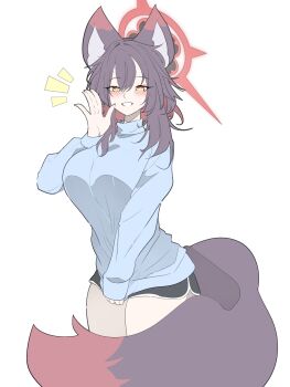 1girl absurdres alternate_costume alternate_hair_length alternate_hairstyle amebrew animal_ears black_hair black_halo black_shorts blue_archive blue_shirt blush breasts colored_inner_hair commentary_request cowboy_shot dolphin_shorts fingernails fox_ears fox_girl fox_tail grin hair_between_eyes halo hand_to_own_mouth hand_up highres large_breasts long_hair long_sleeves looking_at_viewer multicolored_hair multicolored_halo notice_lines open_hand parted_lips red_hair red_halo shirt shirt_tug shorts simple_background sleeves_past_wrists smile solo standing tail turtleneck turtleneck_shirt two-tone_hair two-tone_halo wakamo_(blue_archive) white_background yellow_eyes