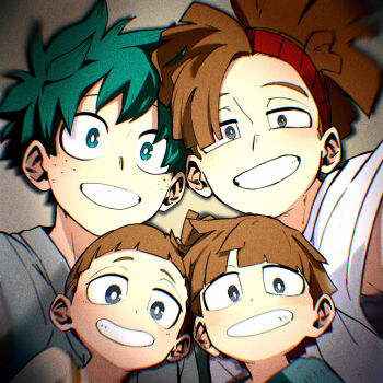 1girl 3boys aqua_eyes bandana blue_shirt blunt_bangs blunt_ends blurry blush boku_no_hero_academia bowl_cut bright_pupils brother_and_sister brothers brown_hair cel_shading child chromatic_aberration depth_of_field eyebrows_hidden_by_hair film_grain freckles green_hair grey_background grey_eyes grey_shirt grin group_picture hair_pulled_back hand_up happy head_tilt heavy_chromatic_aberration high_ponytail high_side_ponytail highres jacket kuwanosisyamo lala_soul light looking_at_viewer male_focus midoriya_izuku multiple_boys outstretched_arm pac-man_eyes ponytail reaching reaching_towards_viewer red_bandana rody_soul roro_soul selfie shadow shirt short_eyebrows short_hair siblings sleeveless smile soft_focus spiked_hair t-shirt teeth upper_body vignetting white_pupils white_shirt