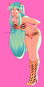 1girl animal_print aqua_hair artist_name bikini boots breasts cone_horns eyelashes full_body hands_on_own_hips hashtag-only_commentary high_heel_boots high_heels horns knee_boots leaning_forward long_hair looking_at_viewer lum navel nevermorenight open_mouth orange_eyes pink_background pointy_ears print_bikini print_boots sidelocks simple_background solo standing swimsuit tiger_print urusei_yatsura