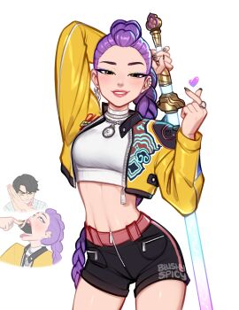 Rule 34 | 1boy, 1girl, belt, black hair, black shorts, blushyspicy, braid, braided ponytail, commentary, crop top, earrings, finger heart, highres, jacket, jewelry, kpop demon hunters, long hair, looking at viewer, open clothes, open jacket, pink hair, purple hair, rumi (kpop demon hunters), shirt, short hair, shorts, smile, solo focus, teeth, white shirt, yellow jacket