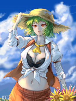 1girl absurdres ascot black_bra blue_sky bra breasts cloud collared_shirt commentary cowboy_shot crop_top day edz_drawz english_commentary flower green_hair hat highres kazami_yuuka large_breasts long_sleeves looking_at_viewer navel open_clothes open_mouth open_shirt open_vest orange_eyes orange_skirt orange_vest shirt short_hair skirt skirt_set sky solo straw_hat sunflower tied_shirt touhou underwear vest white_shirt yellow_ascot yellow_flower