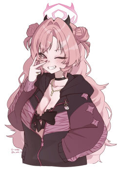 1girl artist_name black_choker black_hairband black_horns blue_archive blush bra bra_peek breasts choker cleavage collarbone commentary double_bun fake_horns fang fingernails grin hair_bun hair_intakes hairband halo hand_in_pocket highres hood hoodie horn_hairband horns jewelry kirara_(blue_archive) large_breasts long_hair long_sleeves looking_at_viewer nail_polish necklace o_ame_9 one_eye_closed partially_unzipped pink_bra pink_eyes pink_hair pink_halo pink_hoodie pink_nails simple_background sleeves_past_wrists smile solo twitter_username two_side_up underwear v v_over_eye white_background zipper zipper_pull_tab