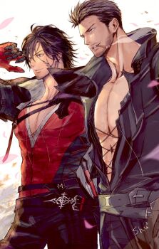 2boys beard_stubble belt black_cloak black_hair black_jacket black_pantyhose blue_eyes brown_hair cidolfus_telamon cigar clive_rosfield cloak commentary cowboy_shot english_commentary facial_hair facial_mark final_fantasy final_fantasy_xvi grey_belt hair_between_eyes hair_slicked_back highres jacket light_smile male_focus multiple_boys pantyhose parted_lips pectorals red_vest sakurai_shushushu short_hair sideburns smoking stubble sword vest weapon white_background