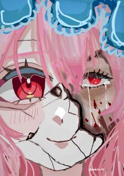 1girl blood blood_on_face closed_mouth commentary_request cracked_kawaii_mask crying crying_with_eyes_open highres kohakkk090 looking_at_viewer mask masked pink_hair portrait red_eyes saigyouji_yuyuko smile solo tears touhou