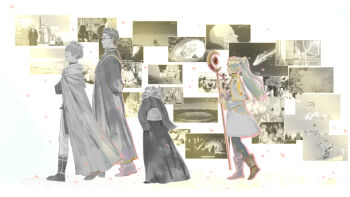 1girl 3boys beard black_pantyhose boots brown_footwear capelet cloak collage_background cropped_arms dress earrings eisen_(sousou_no_frieren) elf facial_hair fake_horns flower_wreath frieren from_side full_body glasses green_eyes grey_hair heiter helmet highres himmel_(sousou_no_frieren) holding holding_staff hood hooded_cloak horned_helmet horns jewelry long_beard long_hair long_sleeves looking_ahead multiple_boys pants pantyhose partially_colored petals pointy_ears profile qianyu_rainz queue robe screenshot_background screenshot_inset shoes simple_background sousou_no_frieren staff striped_clothes striped_dress twintails white_background white_capelet white_dress wind