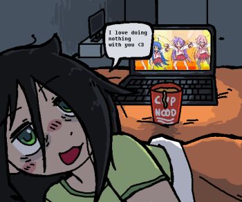 1girl :3 atari401 backlighting bags_under_eyes bed_sheet black_hair blanket blush blush_stickers cameo computer dark english_text food green_eyes green_shirt hair_between_eyes hair_over_one_eye hiiragi_kagami indoors instant_noodles izumi_konata jaggy_lines jitome kuroki_tomoko laptop long_hair looking_at_viewer lucky_star lying motteke!_serafuku nissin_cup_noodle noodles nose_blush on_bed on_side open_mouth pov screenshot_inset shirt short_sleeves solo speech_bubble t-shirt takara_miyuki tomokinnie under_covers unkempt upper_body watashi_ga_motenai_no_wa_dou_kangaetemo_omaera_ga_warui!