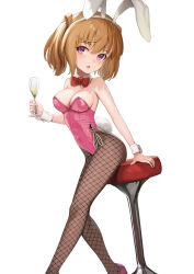 Rule 34 | 1girl, alice gear aegis, animal ears, bare shoulders, blush, bow, bowtie, breasts, brown hair, champagne flute, cleavage, cup, detached collar, drinking glass, fake animal ears, fake tail, fishnet pantyhose, fishnets, highres, holding, holding cup, kimikage yui, leotard, looking at viewer, medium breasts, open mouth, pantyhose, pink leotard, playboy bunny, purple eyes, rabbit ears, rabbit tail, short hair, simple background, smile, solo, stool, strapless, strapless leotard, sunga2usagi, tail, white background, wrist cuffs