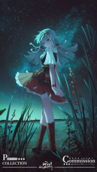 1girl absurdres arms_behind_back black_shoes commission crossed_legs floating_hair from_side full_body hairband highres horizon kneehighs long_hair looking_at_viewer low_twintails milky_way miniskirt night night_sky outdoors plant procreate_(medium) red_eyes red_hairband red_skirt red_socks reverse:1999 rubuska shirt shoes short_sleeves skirt sky smile socks solo standing star_(sky) starry_sky twintails watermark white_hair white_shirt yyby