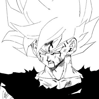 Rule 34 | 1boy, 1rasutotoukou, absurdres, battle damage, blood, blood on face, dragon ball, dragonball z, greyscale, highres, male focus, monochrome, muscular, muscular male, serious, shirt, solo, son goku, spiked hair, super saiyan, super saiyan 1, torn clothes, torn shirt, upper body