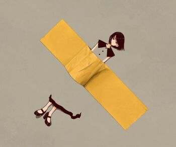 1girl black_hair black_shoes blending brown_background brown_dress comedian_(artwork) dress expressionless fine_art_parody highres long_dress looking_at_viewer medium_hair original oversized_object parody shoes simple_background sleeveless sleeveless_dress solo syooooyoooo tape