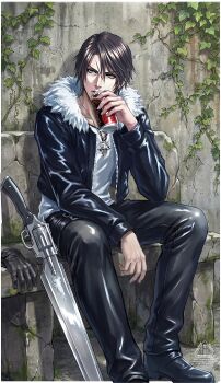 1boy absurdres bench black_boots black_gloves black_jacket black_pants blue_eyes boots border brown_hair can cropped_jacket drink_can final_fantasy final_fantasy_viii foot_out_of_frame fur-trimmed_jacket fur_trim gloves gunblade hair_between_eyes highres holding holding_can jacket jewelry leather leather_jacket leather_pants locke_otaku male_focus necklace pants parted_bangs plant scar scar_on_face scar_on_forehead shirt short_hair sitting solo squall_leonhart unworn_gloves vines weapon white_border white_shirt