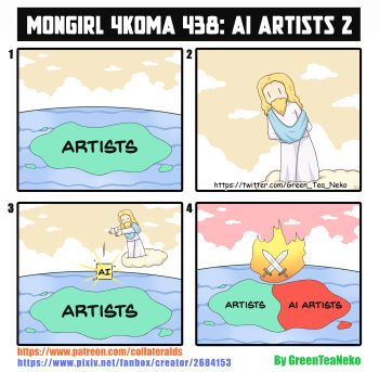 1boy 4koma absurdres ai-generated_art_(topic) comic crossed_swords english_text fire greenteaneko highres island ocean original square sword war weapon