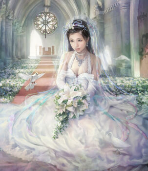 1girl bare_shoulders bird black_eyes black_hair bouquet breasts bridal_veil bride church cleavage daisy_(flower) dove dress earrings easter_lily eat eat0123 elbow_gloves female_focus flower gloves hair_ornament highres jewelry lily_(flower) lips long_hair necklace original realistic sitting small_breasts solo veil wedding_dress white_dress white_flower