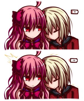 Rule 34 | 1boy, 1girl, ahoge, annoyed, battery indicator, black hoodie, blonde hair, blush, bow, choker, closed eyes, commentary, dead apostle noel (tsukihime), dress, hair between eyes, highres, hood, hoodie, jacket, looking at another, mario gallo bestino, mole, mole under mouth, nervous sweating, noel (tsukihime), pink bow, purple dress, red eyes, red jacket, sakurello, short hair, sidelocks, surprised, sweat, symbol-only commentary, tsukihime, tsukihime (remake), two side up, vampire, wavy hair