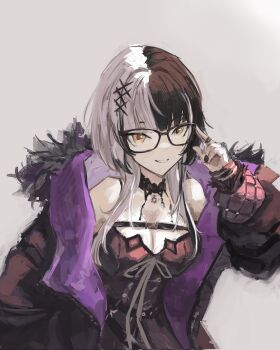 1girl belt bespectacled black-framed_eyewear black_belt black_choker black_coat black_dress black_hair black_nails breasts chest_belt choker coat commentary dress english_commentary fur-trimmed_coat fur_trim glasses grey_background grey_hair grin hair_ornament highres hololive hololive_english jewelry large_breasts long_sleeves looking_at_viewer multicolored_hair nail_polish open_clothes open_coat puffy_long_sleeves puffy_sleeves ring shiori_novella shiori_novella_(1st_costume) simple_background smile solo split-color_hair tablicoart two-tone_hair upper_body virtual_youtuber yellow_eyes