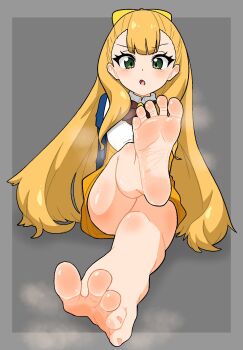 1girl bare_legs barefoot blonde_hair blush border bow bowtie collared_dress dress feet foot_focus foreshortening full_body green_eyes grey_background grey_border hair_bow highres kathrina_griebel leg_up loli long_hair long_sleeves looking_at_viewer multicolored_dress nairo open_mouth red_bow red_bowtie shadow short_dress simple_background sitting smell soles solo spread_toes steaming_body toenails toes very_long_hair world_dai_star yellow_bow yellow_dress