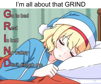 1girl alice_margatroid alternate_costume bed blanket blonde_hair blue_pajamas bnelsey closed_eyes closed_mouth collarbone commentary english_commentary english_text hairband hat head_on_pillow indoors long_sleeves nightcap on_bed pajamas pillow red_hairband sleepwear touhou