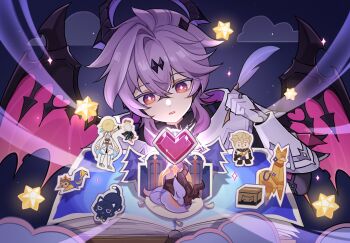 Rule 34 | 2boys, 2girls, albedo (genshin impact), alpaca, book, bright pupils, cat, chipmunk, colored eyelashes, commentary, crossed bangs, diamond-shaped pupils, diamond (shape), dragon, dragon boy, dragon horn, dragon wings, durin (genshin impact), english commentary, gem, genshin impact, gloves, hair between eyes, hair intakes, heart-shaped gem, highres, horns, lumine (genshin impact), male focus, mini durin (genshin impact), multiple boys, multiple girls, paimon (genshin impact), purple hair, riricake, scaramouche (cat) (genshin impact), scaramouche (genshin impact), sleeping, squirrel, star (symbol), symbol-shaped pupils, teeth, white gloves, white pupils, wings