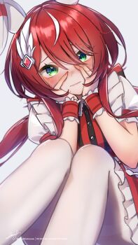 1girl absurdres animal_ears beautifulinsnow blush closed_mouth ear_covers green_eyes hair_between_eyes hands_on_own_cheeks hands_on_own_face highres horse_ears horse_girl long_hair looking_at_viewer official_alternate_costume pantyhose red_hair signature sitting solo twitter_username umamusume white_pantyhose win_variation_(osaka_hai_celebration)_(umamusume) win_variation_(umamusume)