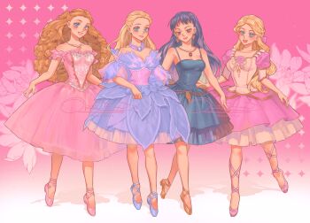 Rule 34 | 4girls, :d, artist name, ballet, ballet slippers, barbie (character), barbie (franchise), barbie in the 12 dancing princesses, barbie in the nutcracker, barbie of swan lake, bare shoulders, black hair, blonde hair, blue dress, blue eyes, bow, breasts, brown eyes, brown hair, clara (barbie), closed mouth, collarbone, commentary, dress, earrings, en pointe, english commentary, full body, genevieve (barbie), hair bow, highres, in-franchise crossover, jewelry, lips, long hair, looking at viewer, multiple girls, odette (barbie), odile (barbie), off-shoulder dress, off shoulder, okitafuji, open mouth, pendant, pink background, pink bow, pink dress, short dress, short sleeves, signature, smile, spaghetti strap, standing, standing on one leg, watermark