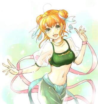 1girl breasts dancer double_bun fire_emblem fire_emblem:_the_binding_blade green_eyes hair_bun larum_(fire_emblem) midriff navel nintendo open_mouth orange_hair small_breasts smile solo usachu_now