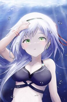 absurdres air_bubble atnamiret bikini bubble commentary_request green_eyes hairband heaven_burns_red highres izumi_yuki_(heaven_burns_red) long_hair looking_at_viewer swimsuit underwater