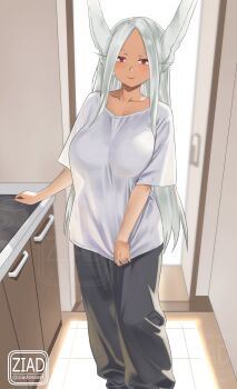 alternate_costume animal_ears black_pants boku_no_hero_academia breasts closed_mouth collarbone commentary feet_out_of_frame grey_hair highres indoors kitchen large_breasts long_eyelashes long_hair looking_at_viewer mirko pants rabbit_ears rabbit_girl red_eyes shirt shirt_tug signature standing stove t-shirt twitter_username very_long_hair watermark white_shirt ziadessart