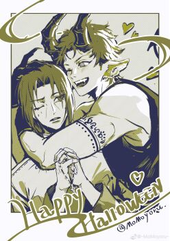 2boys animal_ears arm_tattoo blush border commentary curtained_hair english_commentary happy happy_halloween heart highres horns hug looking_at_another male_focus momoyoru1 multiple_boys naruto_(series) naruto_shippuuden one_eye_closed open_mouth short_hair sideburns tattoo twitter_username uchiha_itachi uchiha_shisui watermark weibo_watermark white_border yaoi
