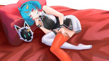 Rule 34 | 1girl, absurdres, ahoge, asymmetrical legwear, bed, belt, black skirt, black top, blue hair, blush, cat mask, esteban (estebaneishon), futuristic outfit, hair ornament, hairclip, headset, highres, indie virtual youtuber, lightning bolt symbol, looking at viewer, lying, mask, michi (vtuber), microphone, mismatched legwear, multicolored hair, number print, on bed, pillow, red sheets, short hair, skirt, sleeveless, sleeveless turtleneck, smile, solo, thighhighs, turtleneck, virtual youtuber