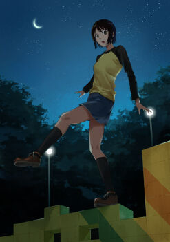 1girl :o black_hair black_shirt black_socks blue_skirt blue_sky bob_cut breasts brown_eyes brown_shoes casual commentary crescent_moon dark denim denim_skirt foliage foot_up from_below from_side full_body gradient_sky highres kneehighs lamppost long_sleeves looking_at_viewer looking_down looking_to_the_side medium_breasts moon nagoyaka_nagomi nakahara_misaki nhk_ni_youkoso! night open_mouth park raglan_sleeves shirt shoes short_hair skirt sky socks solo standing standing_on_one_leg star_(sky) starry_sky t-shirt teeth tree two-tone_shirt upper_teeth_only yellow_shirt