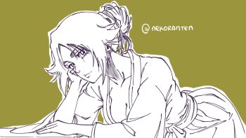 Rule 34 | 1girl, alternate hairstyle, bent over, bleach, breasts, cleavage, commentary, english commentary, green background, greyscale with colored background, hair bun, hakama, head tilt, highres, japanese clothes, large breasts, light smile, lips, nekoranten, shihouin yoruichi, single hair bun, sketch, solo, twitter username, upper body