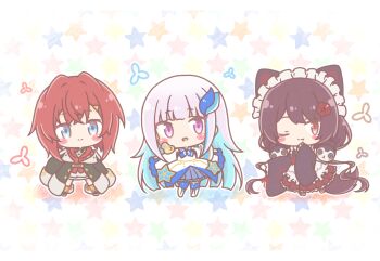 Rule 34 | 3girls, :d, ;), absurdres, ange katrina, ange katrina (1st costume), animal, animal ears, animal on shoulder, apron, armband, bird, black hair, black jacket, black kimono, blue eyes, blue hair, blue skirt, blue thighhighs, blush stickers, boots, brown hakama, chibi, closed mouth, collared dress, colored shadow, commentary request, dog ears, dog girl, dog hair ornament, dog tail, dress, duck, fang, fangs, flower, frilled apron, frilled sleeves, frills, grey hair, hair flower, hair ornament, hairclip, hakama, hakama skirt, highres, inui toko, inui toko (1st costume), jacket, japanese clothes, kimono, lize helesta, lize helesta (1st costume), long sleeves, low twintails, maid, maid headdress, mitarashi neko, multicolored hair, multiple girls, nijisanji, one eye closed, open mouth, pleated skirt, purple eyes, red eyes, red flower, red hair, red jacket, safety pin, sanbaka (nijisanji), sebastian piyodore, shadow, skirt, sleeves past fingers, sleeves past wrists, smile, star (symbol), tail, thighhighs, thighhighs under boots, twintails, two-tone hair, virtual youtuber, wa maid, white apron, white background, white boots, white dress