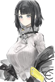Rule 34 | 1girl, absurdres, arknights, arknights: endfield, black hair, breasts, closed mouth, cropped torso, endministrator (arknights), expressionless, female endministrator (arknights), gibberish commentary, grey eyes, hair ornament, highres, light blush, medium breasts, ribbed sweater, short hair, simple background, solo, sweater, tiansuo haoer, turtleneck, turtleneck sweater, unfinished, white background, white sweater