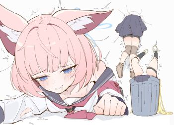 Rule 34 | 3girls, animal ear fluff, animal ears, araara do, bike shorts, black sailor collar, blonde hair, blue archive, blue eyes, commentary request, defeat, fox ears, fox girl, in container, in trash can, kurumi (blue archive), long hair, multiple girls, neckerchief, niko (blue archive), otogi (blue archive), panties, pink hair, red neckerchief, sailor collar, saliva, school uniform, serafuku, shirt, short hair, simple background, tears, through wall, trash can, underwear, white background, white panties, white shirt