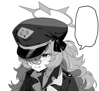 1girl absurdres blue_archive collarbone commentary_request greyscale hair_over_one_eye halo hanakonenne hat highres iroha_(blue_archive) long_hair looking_at_viewer military_hat military_uniform monochrome parted_lips sidelocks simple_background slit_pupils solo speech_bubble sweatdrop upper_body
