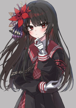 1girl armband black_hair black_serafuku black_shirt black_skirt blunt_bangs closed_mouth commentary cowboy_shot crown flower gloves grey_background hair_flower hair_ornament hand_on_own_chin hand_on_own_elbow highres long_hair long_sleeves looking_at_viewer mahou_shoujo_no_majo_saiban necktie nikaido_hiro plaid_clothes plaid_necktie pleated_skirt red_armband red_eyes red_flower red_necktie red_sailor_collar rinsu_(kilakira13) sailor_collar school_uniform serafuku shirt simple_background skirt solo symbol-only_commentary thinking white_gloves