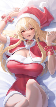 absurdres alternate_costume blonde_hair blush choker dark-skinned_female dark_elf dark_skin dress elf fur-trimmed_dress fur_trim hat highres hololive long_hair looking_at_viewer lying mintea_(minteashake) multicolored_hair on_back pointy_ears pom_pom_(clothes) red_choker red_dress red_eyes santa_hat shiranui_flare sidelocks solo streaked_hair very_long_hair virtual_youtuber white_streaks