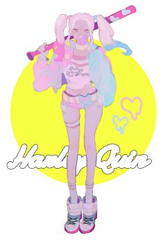 1girl baseball_bat blonde_hair blue_hair character_name chewing_gum choker circle crop_top dc_comics eyeshadow full_body hair_tie harley_quinn hashtag-only_commentary hat highres holding holding_baseball_bat jacket looking_at_viewer makeup red_hair ronoh_(jill) short_shorts shorts sidelocks socks solo suicide_squad twintails yellow_background