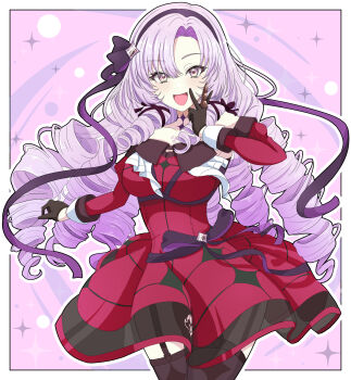 1girl absurdres bare_shoulders black_gloves black_thighhighs border breasts collarbone cowboy_shot daiichi_(k_daiiti) detached_sleeves dress drill_hair garter_straps gloves highres hyakumantenbara_salome hyakumantenbara_salome_(1st_costume) large_breasts nijisanji open_mouth purple_background purple_hair red_dress red_sleeves simple_background smile solo thighhighs v virtual_youtuber white_border