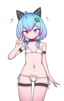 1girl ahoge android animal_ears bikini blue_eyes blue_hair blush body_writing breasts butterfly_hair_ornament closed_mouth collar commentary_request commission cowboy_shot fake_animal_ears groin hair_ornament heart heterochromia hh highres looking_at_viewer medium_hair micro_bikini navel navel_piercing original petite piercing pubic_tattoo red_collar red_eyes side-tie_bikini_bottom simple_background small_breasts smile solo string_bikini swimsuit tattoo thigh_strap v virtual_youtuber white_background white_bikini
