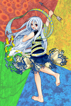 Rule 34 | 1girl, :d, arm up, arrow (projectile), barefoot, blue dress, blue hair, blue nails, blush, colorful background, commentary, dress, eye of providence, from behind, full body, hands up, highres, holding, holding arrow, leg up, long hair, looking at viewer, looking back, myouga teien, open mouth, photo background, red eyes, seasons, smile, snake, soles, solo, toes, touhou, white snake, yuiman asama