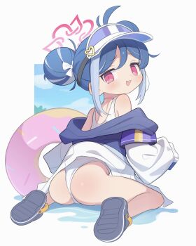 1girl :3 absurdres ass baseball_cap black_shoes blue_archive blue_hair blush crocs donut_innertube double_bun from_behind fubuki_(blue_archive) fubuki_(swimsuit)_(blue_archive) hair_bun hair_ribbon halo hat heart highres hood hood_down hooded_jacket innertube jacket ketsu_juuji_killer_(kejuki) lanyard loli long_hair long_sleeves looking_at_viewer multicolored_hair off_shoulder official_alternate_costume old_school_swimsuit one-piece_swimsuit open_clothes open_jacket open_mouth outdoors pink_eyes pink_halo red_eyes ribbon school_swimsuit shoes sitting solo swim_ring swimsuit swimsuit_under_clothes teeth two-tone_hair upper_teeth_only wariza white_jacket white_one-piece_swimsuit white_ribbon