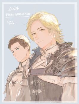 2024 2boys armor blonde_hair blue_eyes brown_hair closed_mouth commentary_request copyright_name dion_lesage earrings final_fantasy final_fantasy_xvi grey_background highres j2_path jewelry light_smile looking_at_viewer male_focus medium_hair multiple_boys plate_armor shirt short_hair shoulder_armor swept_bangs terrence_(ff16) upper_body white_shirt yellow_eyes