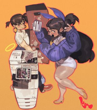 2girls absurdres arms_up belly blue_bow blue_sweater blush borrowed_character bouncing_breasts bow box box_stack breasts broke-chan_(bakuatsukiyu) brown_hair cardboard_box coffee_mug cup damaged dark-skinned_female dark_skin denim earrings freckles full_body garlic_(keziedra) hair_bow halo high_heels highres holding holding_box holding_cup hoop_earrings jeans jewelry keziedra large_breasts long_hair miniskirt mug multiple_girls no_sclera off-shoulder_sweater off_shoulder open_mouth original outline pants pencil_skirt photocopier ponytail red_outline ribbed_sweater shirt short_hair skirt sleeves_past_wrists spill spilled_drink spilling stained_clothes standing steam sweater white_shirt white_skirt wide-eyed